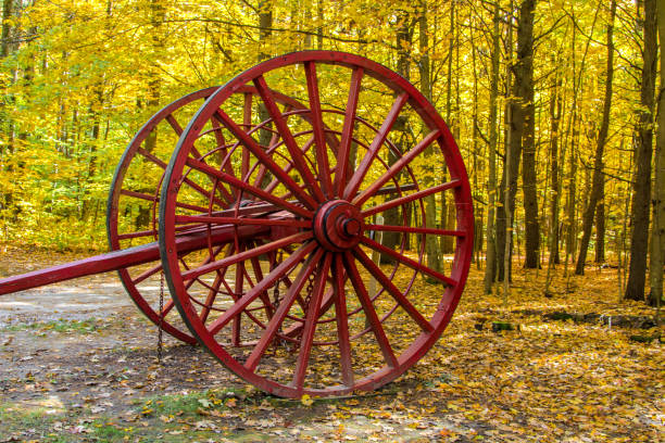 Antique horse drawn logging wheels surrounded by vibrant fall foliage at Hartwick Pines State Park in the Lower Peninsula of Michigan.