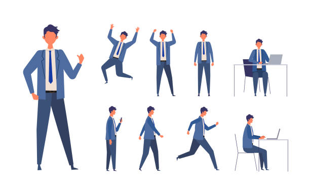 Working character design set in different poses Set of man in different poses. Businessman working character design set. Vector illustration in flat style. men illustrations stock illustrations