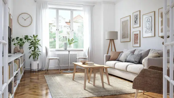Scandinavian interior design living room 3d render with beige and brown colored furniture and wooden elements