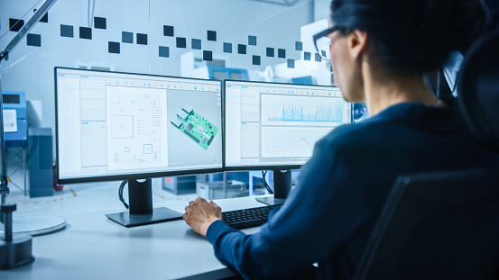 Modern Electronics Factory: Female Electrical Engineer Works on Computer with CAD Software. Developing PCB, Microchips, Semiconductors and Telecommunications Equipment