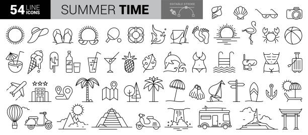 sommer-, reise-, urlaubs- und strand-ikonen-set - swimming trunks swimwear clothing beach stock-grafiken, -clipart, -cartoons und -symbole