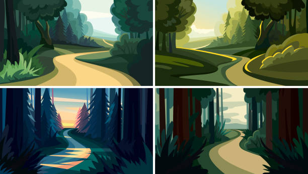ilustraciones, imágenes clip art, dibujos animados e iconos de stock de conjunto de hermosos paisajes forestales. - woods
