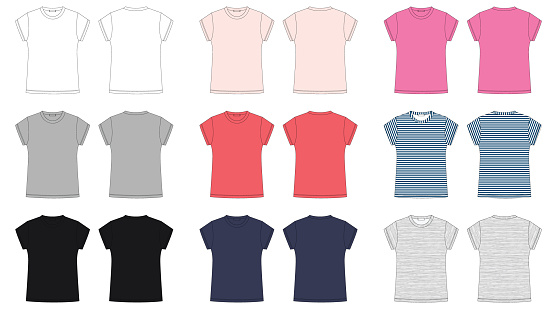 Woman tee shirt technical sketch. T-shirt blank template vector illustration isolated. Front and back. White, grey, black, blue, pink, red, colors melange and stripes fabric. Casual style.