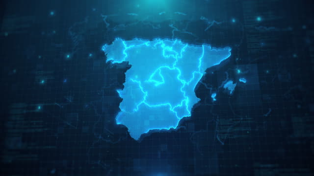Spain Map with regions against blue animated background 4k UHD