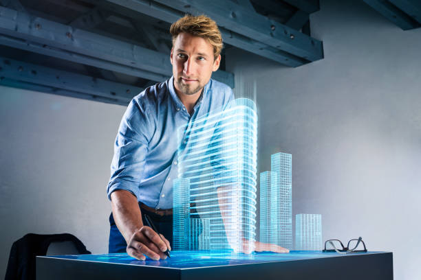 Architect works on a futuristic workspace In the future we will work on workspaces with touch screens an holographic illustrations product designer photos stock pictures, royalty-free photos & images
