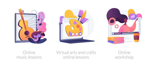 Online education while self-isolation abstract concept vector illustrations. Online education while self-isolation abstract concept vector illustration set. Online music lessons, virtual arts and crafts online lessons, online workshop, free master classes abstract metaphor. music class stock illustrations