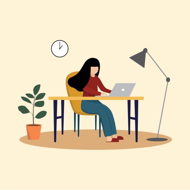 自宅でラップトップに取り組んでいる女性 - working at home home interior women office点のイラスト素材／クリップアート素材／マンガ素材／アイコン素材