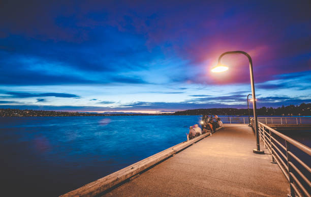scene of walk way on the lake when sunset.