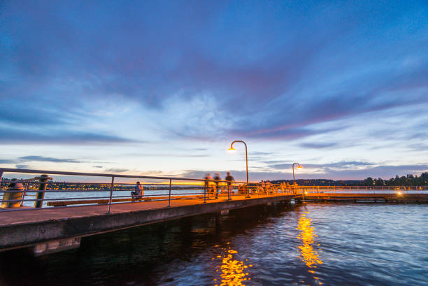 scene of walk way on the lake when sunset.