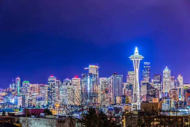 Photo of scenic view Seattle cityscape in the night time,Washington,USA.