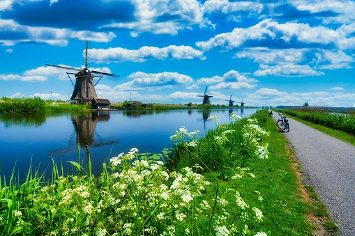 The Dutch river Amer seen from the bank near the village of Drimmelen, province of North Brabant. A motor yacht is sailing on the river. On the other side is the National Park De Biesbosch.