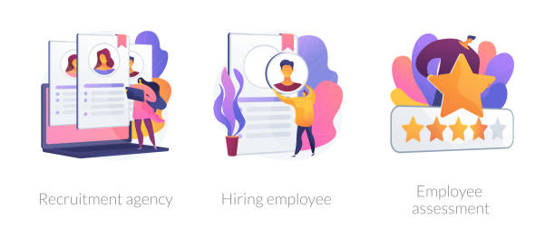 Human resources specialist vector concept metaphors Employer actions icons set. Employment service, resume search, staff selection. Recruitment agency, hiring employee, employee assessment metaphors. Website web page template - concept metaphors. recruitment agency stock illustrations