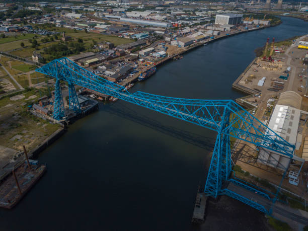 Tees Transporter Bridge at Middlesbrough Drone photo of the Tees Transporter Bridge middlesbrough stock pictures, royalty-free photos & images