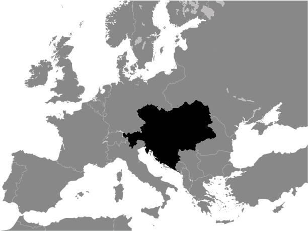 Map of Austria-Hungary (1914) Black Flat Map of Austria-Hungary (1914) inside Gray Map of Europe habsburg dynasty stock illustrations