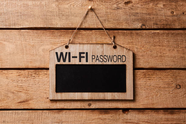 istock Chalkboard with wifi password sign. Blank wood board 1227189921