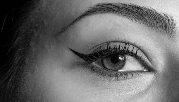 Close-up photo of woman eye with eyeliner makeup. stock photo