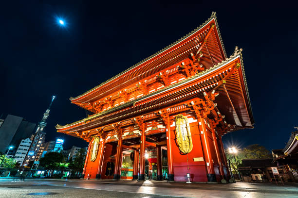 Tokyo, Japan - October 13, 2023: The closed up shops of Nakamise shopping street at night in the Asakusa district of Tokyo, Japan with glowing in the background Sensoji Temple.