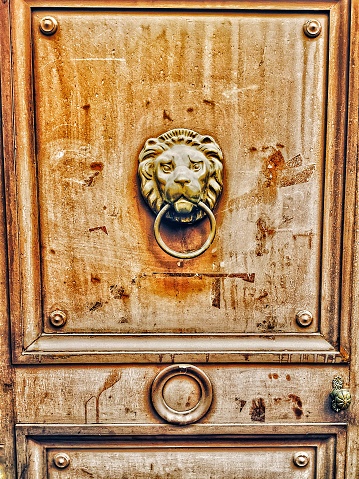 Old brass Lion's Head Door Knocker on a rustic wooden door in Budapest