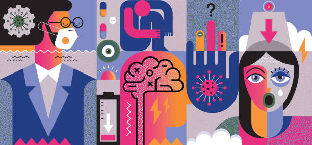 Flat vibrant vector illustration with a touch of 80’s style depicting mental health and COVID-19.