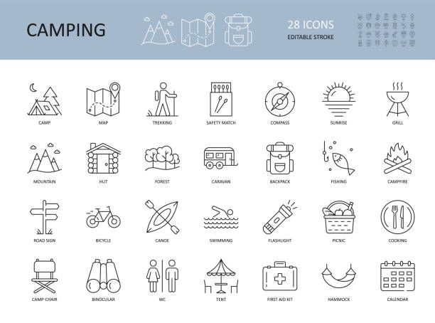 Vector camping icons. Editable Stroke. Summer camping hiking canoe mountains. Landscape forest tent caravan. Bonfire matches grill cooking on a bonfire. Picnic hammock backpack binoculars map Vector camping icons. Editable Stroke. Summer camping hiking canoe mountains. Landscape forest tent caravan. Bonfire matches grill cooking on a bonfire. Picnic hammock backpack binoculars map. outdoor pursuit stock illustrations