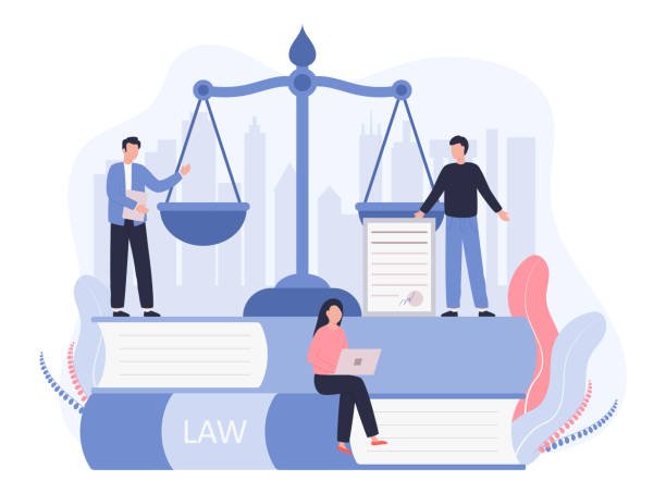 ilustrações de stock, clip art, desenhos animados e ícones de concept law, justice. legal service, services of a lawyer, notary. men against the backdrop of the city discuss legal issues, a woman works on a laptop. vector flat illustration on a white background - intellectual property law patent book