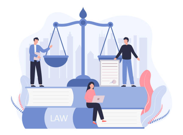 Concept Law, Justice. Legal service, services of a lawyer, notary. Men against the backdrop of the city discuss legal issues, a woman works on a laptop. Vector flat illustration on a white background Concept Law, Justice. Legal service, services of a lawyer, notary. Men against the backdrop of the city discuss legal issues, a woman works on a laptop. Vector flat illustration on a white background. legal system illustrations stock illustrations