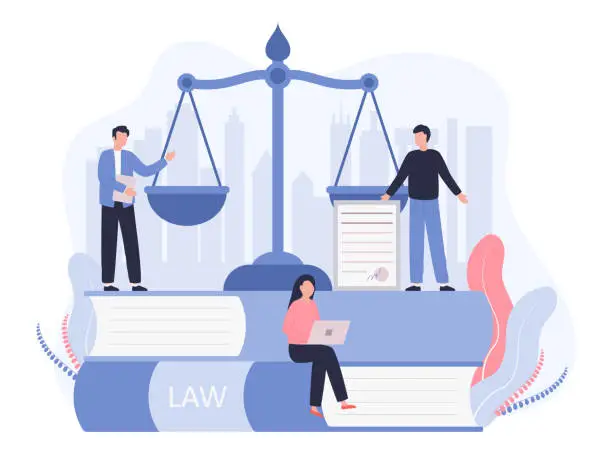 Vector illustration of Concept Law, Justice. Legal service, services of a lawyer, notary. Men against the backdrop of the city discuss legal issues, a woman works on a laptop. Vector flat illustration on a white background