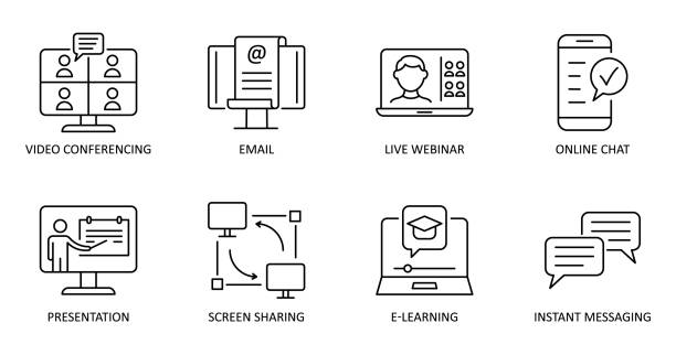 Vector online communication icons. Editable Stroke. Video conference, online chat, email, live webinar, instant messaging, online presentation, screen sharing, e-learning Vector online communication icons. Editable Stroke. Video conference, online chat and email, live webinar, instant messaging, online presentation, screen sharing, e-learning video meeting stock illustrations