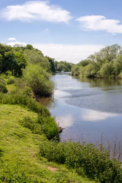 The River Ouse winds through the countryside.  The river banks consist of trees, shrubs and fields and a moored boat is visible in the distance.
