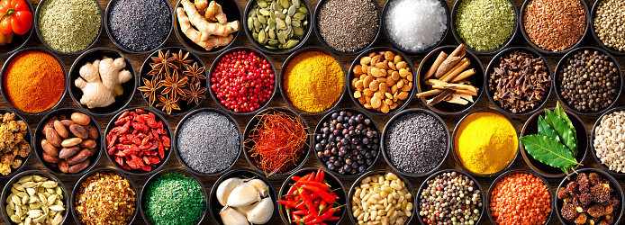 Colourful Background From Various Herbs And Spices For Cooking In Bowls  Stock Photo - Download Image Now - iStock