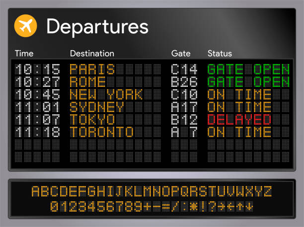 realistyczne odloty i przyloty pokładzie alfabetu. elektroniczna tablica wyników kolei. szablon tablicy cyfrowej. lotnisko lub stacja kolejowa wyświetlają panel cyfrowy. czcionka led. ilustracja wektorowa. - announcement board stock illustrations