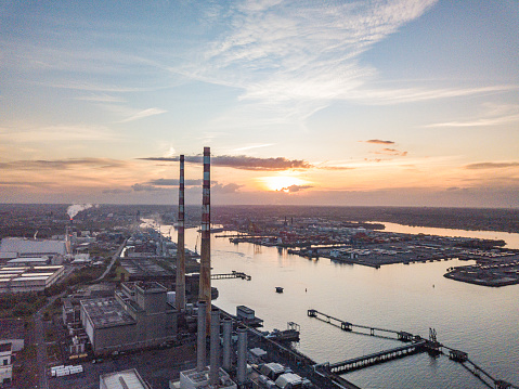 Aerial view of Dublin Port area from Poolbeg Towers, Dublin, Ireland.