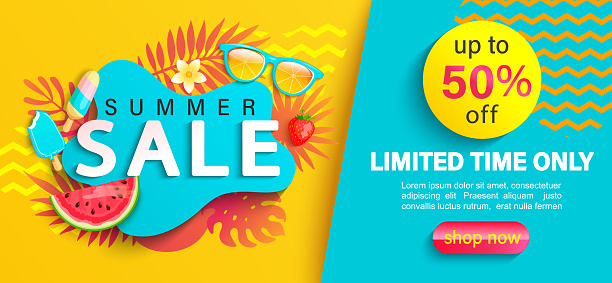 Summer big Sale banner, up to 50 percent limited time discount, promotion,hot season promo with tropical leaves,watermelon,ice cream on geometric background for shopping, special offer card.Vector