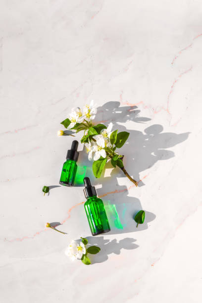 istock Serum with herbal extracts for skincare. Flat Lay minimalism 1227202706
