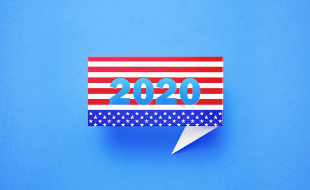 2020 Written Speech Bubble Textured with American Flag on Blue Background
