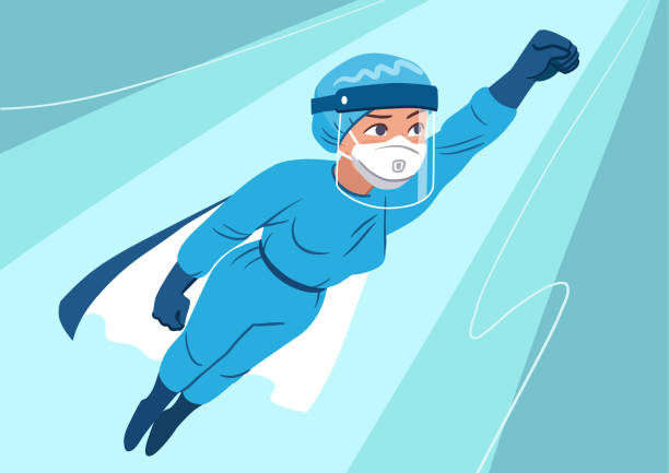 молодая женщина в медицинском костюме личной защиты со щитом для лица, маской, перчатками, летящими в позе супергероя. основные работники л� - средний медицинский персонал иллюстрации stock illustrations