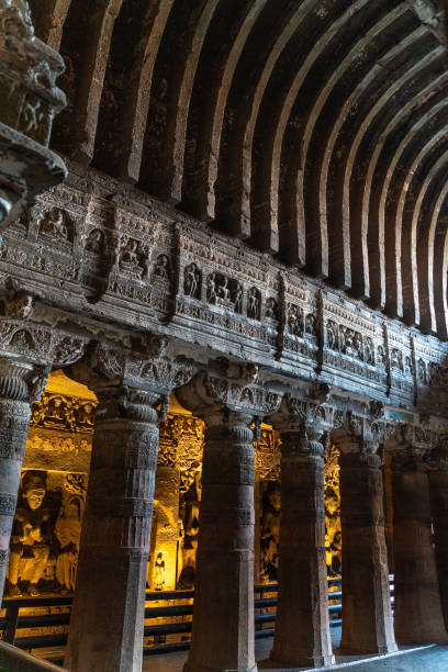 Aurangabad/India-06.02.2019:The view inside old hindu cave temple in India Aurangabad/India-06.02.2019:The view inside old hindu cave temple in India ajanta caves stock pictures, royalty-free photos & images