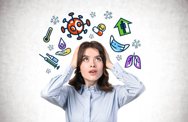 istock Panicking young woman, coronavirus icons 1227204908