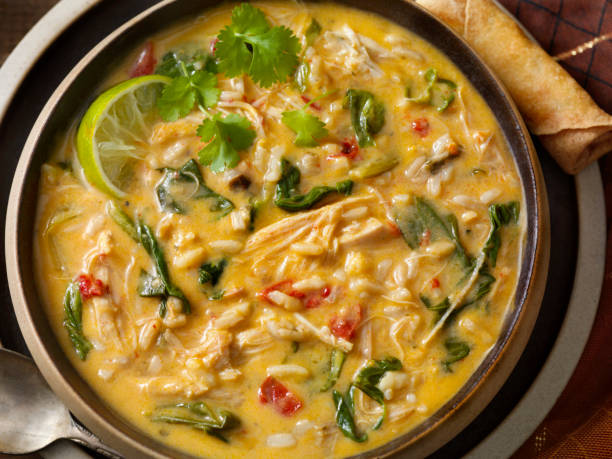istock Creamy Thai, Chicken and Rice Soup with Spring Rolls 1227205695