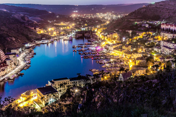 Crimea, Balaclava at night top view. Night bay.