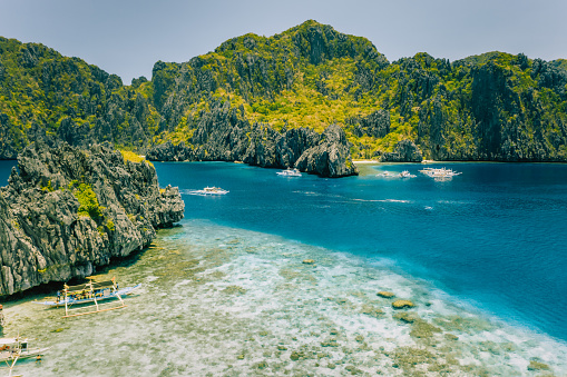 Aerial view of Miniloc island from Shimizu . Crystal clear sea. Bacuit Bay, El Nido, Palawan, Philippines.