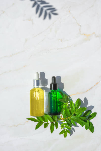 istock Serum with herbal extracts for skincare. Flat Lay minimalism 1227207068