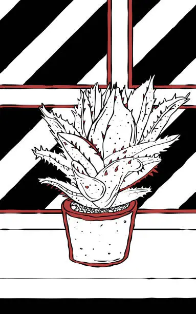 Vector illustration of Monochrome hand-drawn cartoon illustration of a plant with spikes