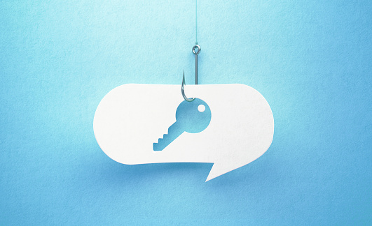 Fishing hook and key symbol drawn white chat bubble on blue background. Horizontal composition with copy space. Phishing concept.