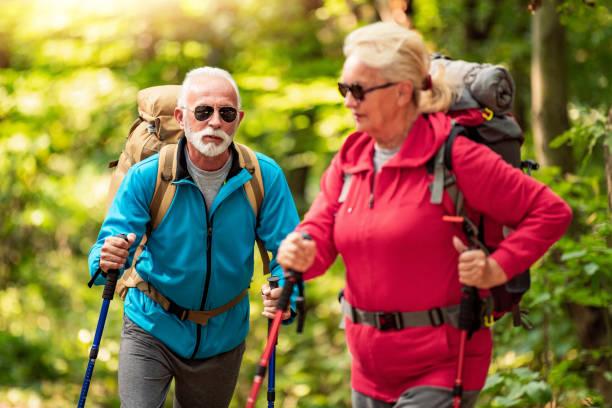 istock Senior couple walking in the forest. 1227211286