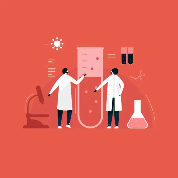 Vector illustration of Corona virus Vaccine Research Development in Lab, Scientists in laboratory, chemical researchers with lab equipment