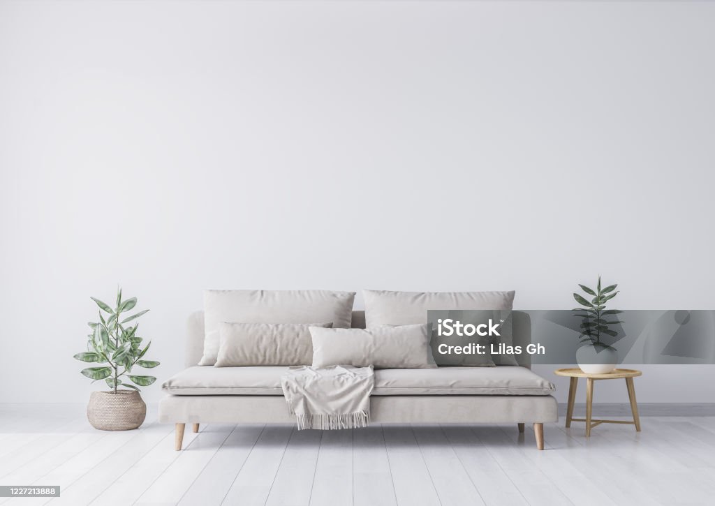 Mock-up-Interieur für minimale Wohnzimmer-Design, beige Sofa und grüne Pflanze auf weißem Hintergrund. Stockfoto - Lizenzfrei Sofa Stock-Foto