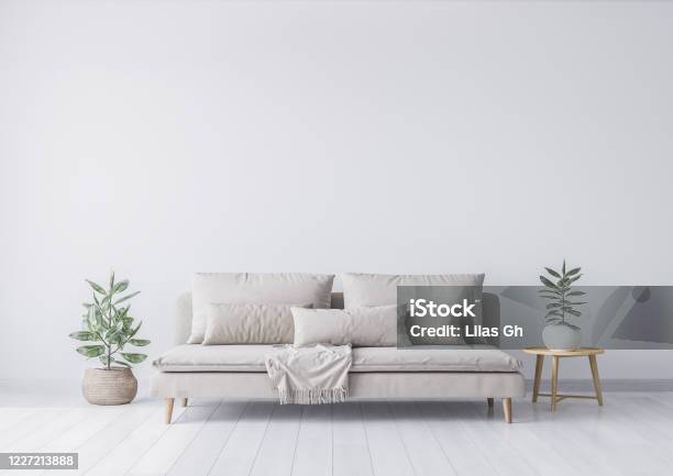 Mockupinterieur Für Minimale Wohnzimmerdesign Beige Sofa Und Grüne Pflanze Auf Weißem Hintergrund Stockfoto Stockfoto und mehr Bilder von Sofa