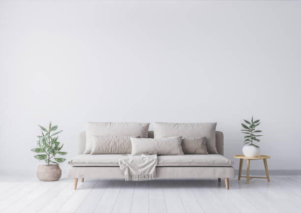 Mock up interior for minimal living room design, beige sofa and green plant on white background. Stock photo Mock up interior for minimal living room design, beige sofa and green plant in rattan basket. Empty white wall. Stock photo sofa stock pictures, royalty-free photos & images
