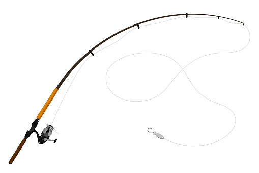 Spinning fishing rod with reel and baubles on a white background